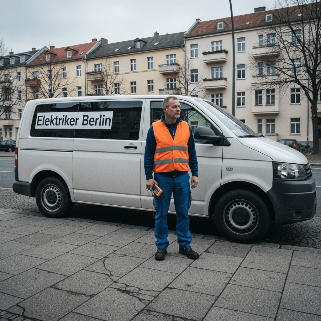 Erfahrener Elektriker vor einem Servicefahrzeug bereit für den Notdienst Einsatz