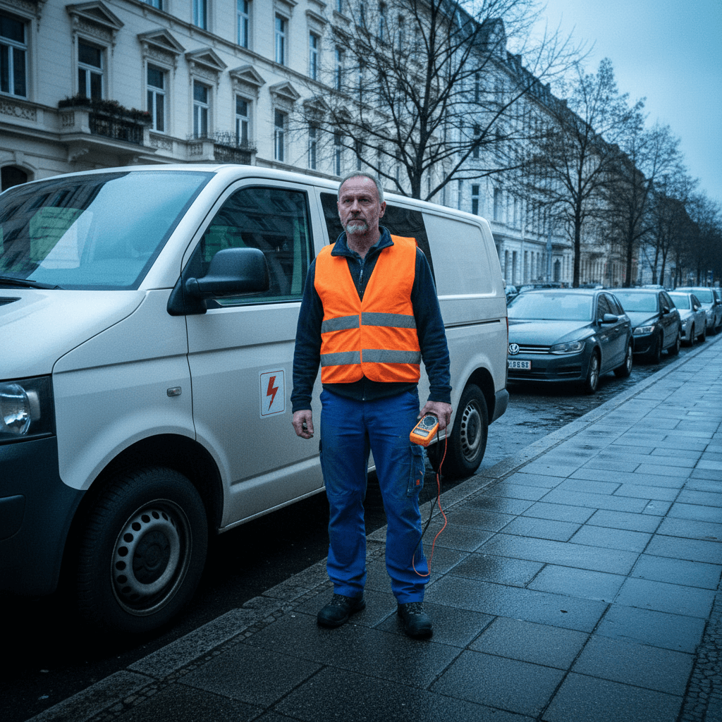 Erfahrener Elektriker vor einem Servicefahrzeug bereit für den Notdienst Einsatz